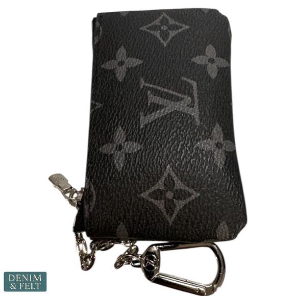 Louis Vuitton Monogram Canvas Key Pouch Coin Card Holder Chain Black~Grey - Picture 3 of 11